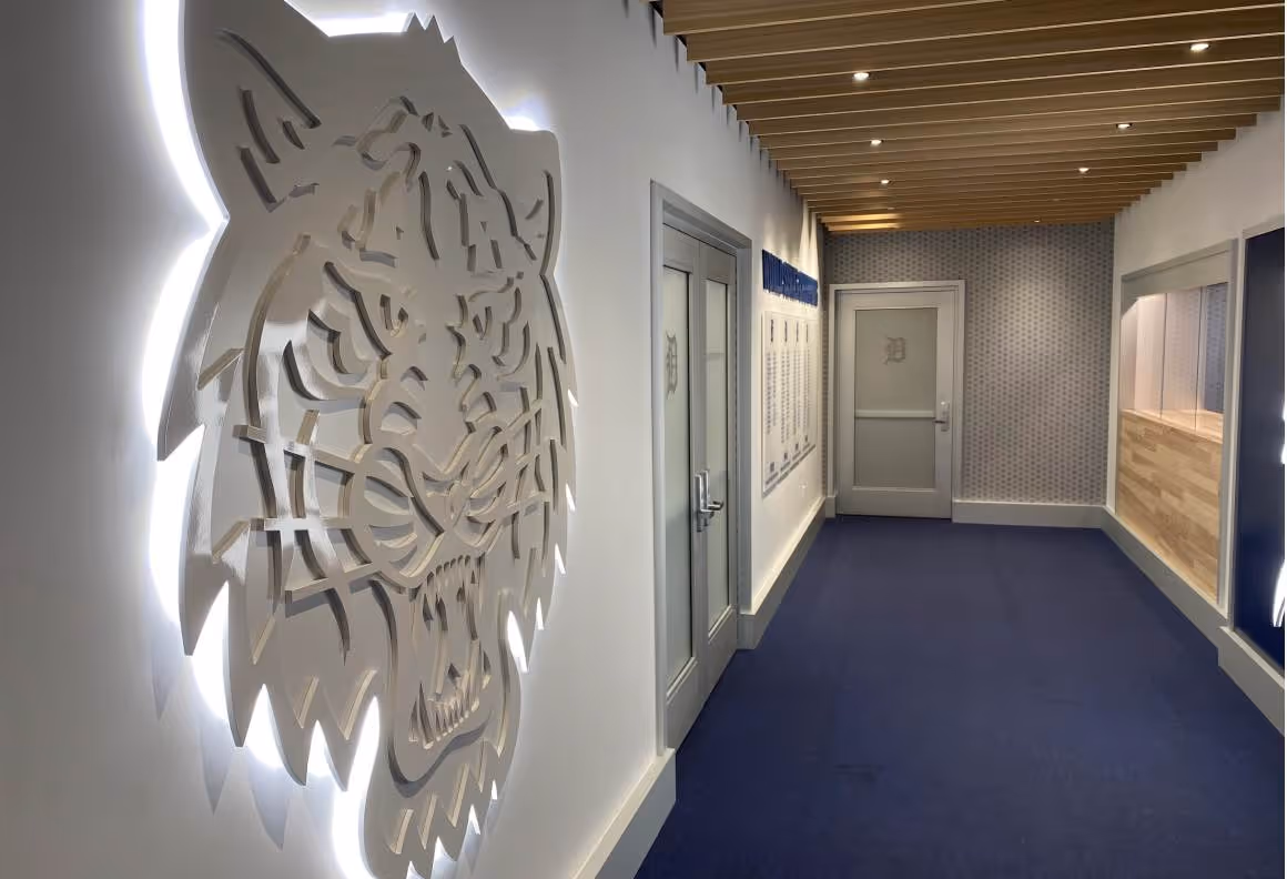 Hallway with wooden ceiling beams, blue carpet, tiger head wall art, and two doors with letter D.
