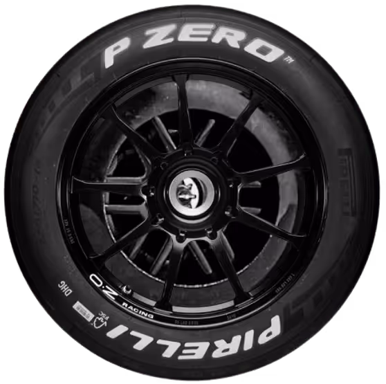 Black Pirelli P Zero tire with black multi-spoke OZ Racing wheel and central locking nut.