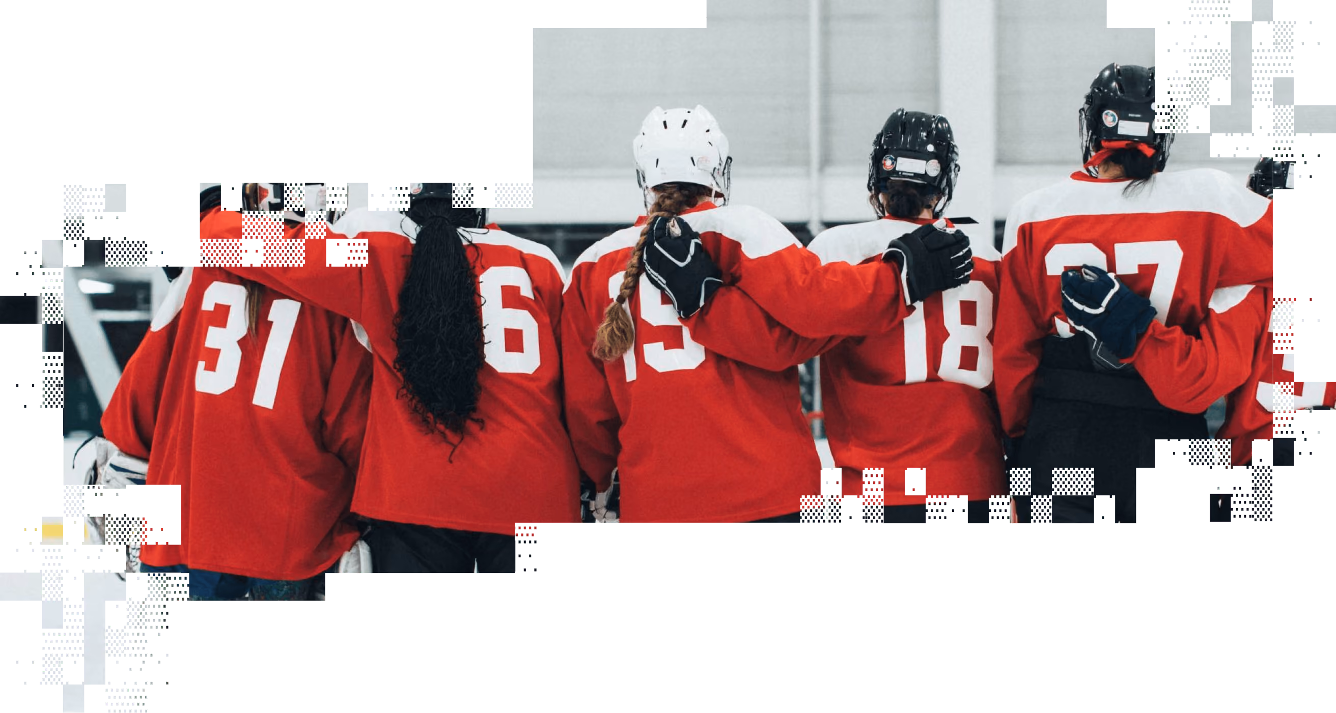 Five hockey players in red and white jerseys with arms around each other on the ice rink.