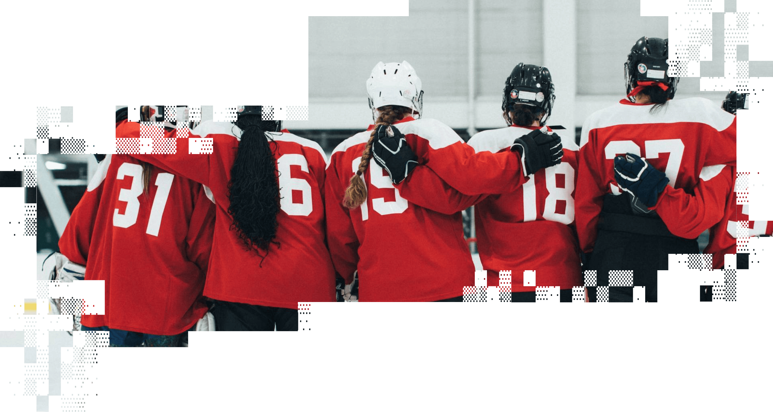 Five hockey players in red and white jerseys with arms around each other on the ice rink.