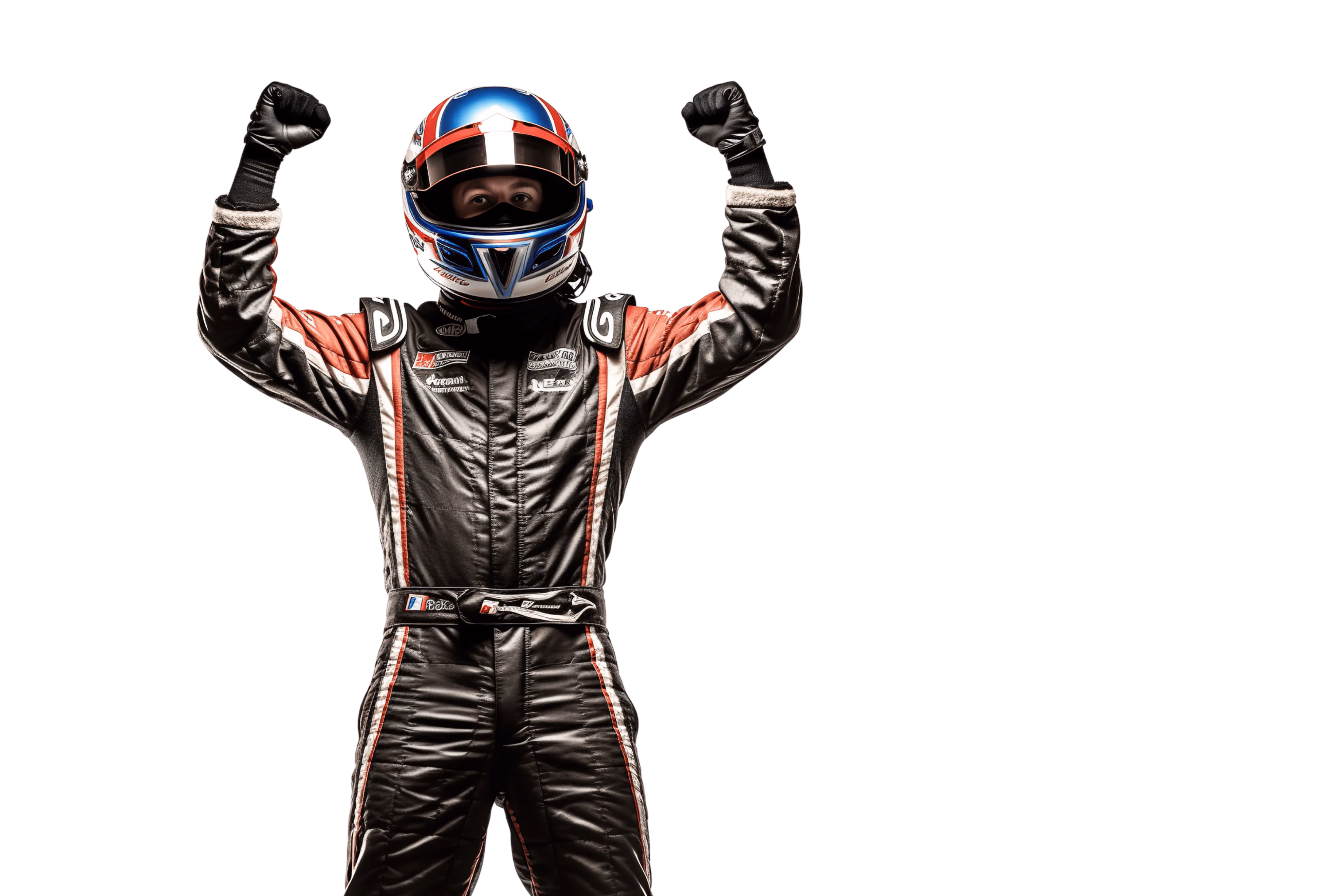 Race car driver in black suit and blue helmet celebrating with raised fists against black background.