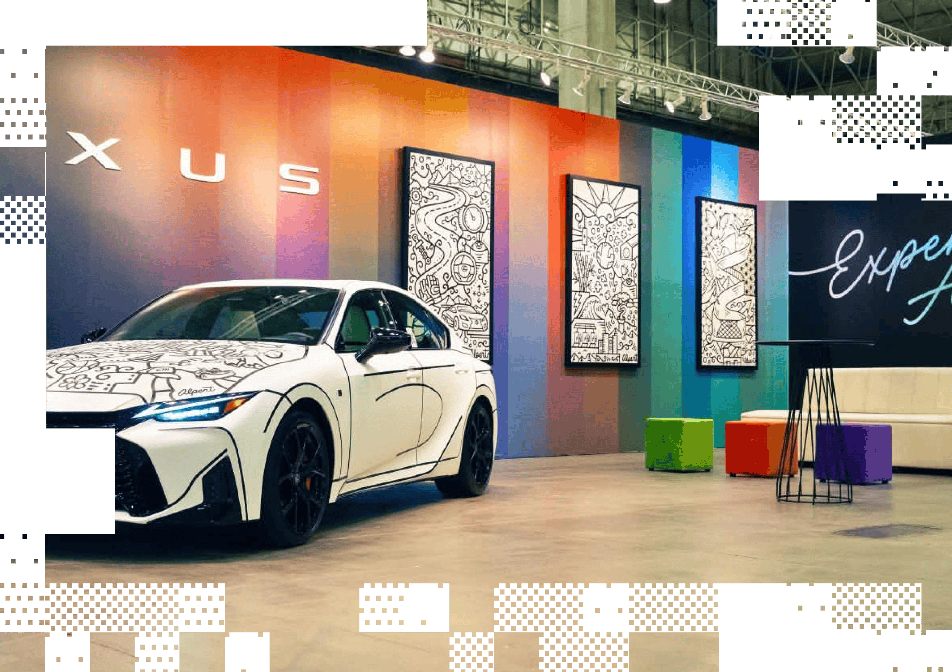 White Lexus car with black line art designs parked in a colorful gallery space with artwork and seating.