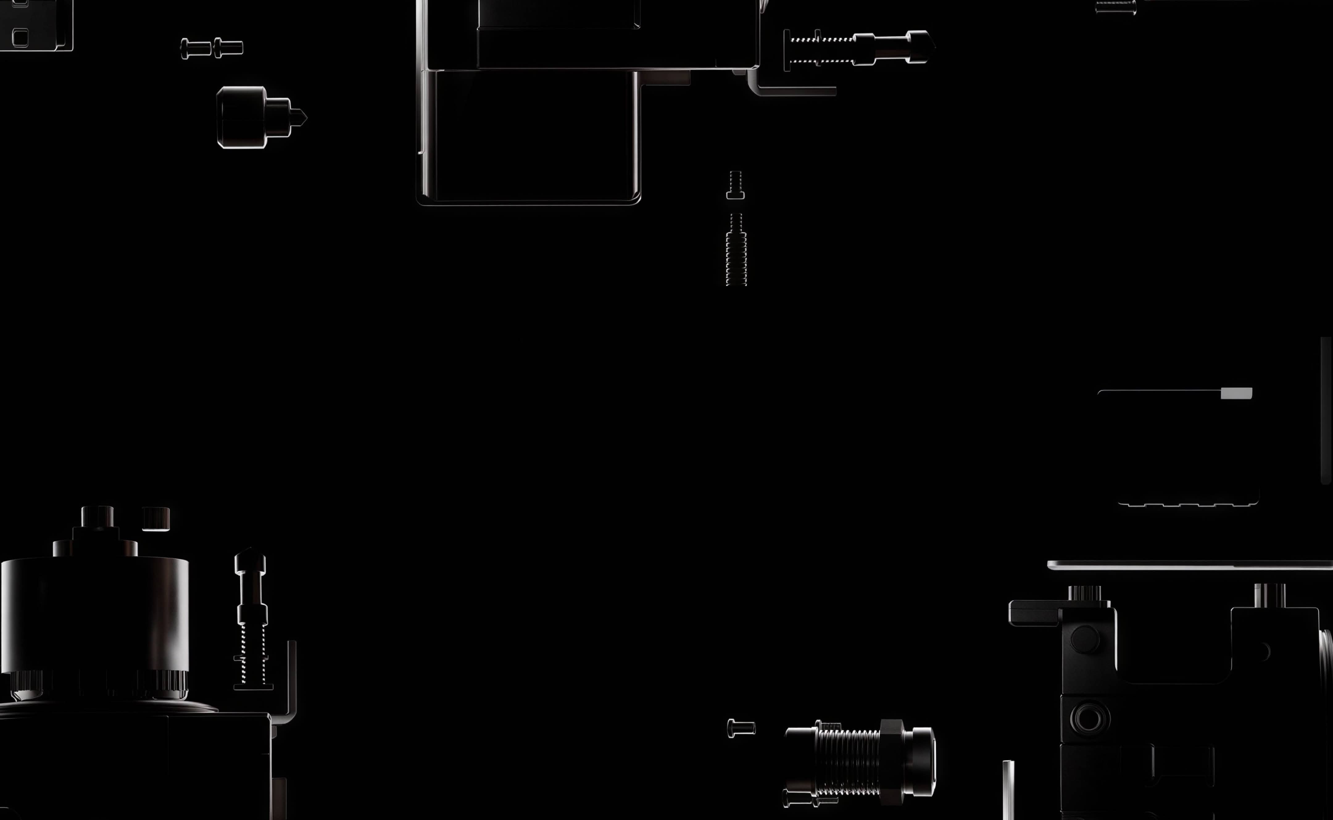Dark background with highlighted outlines of various mechanical and manufacturing machine parts scattered.
