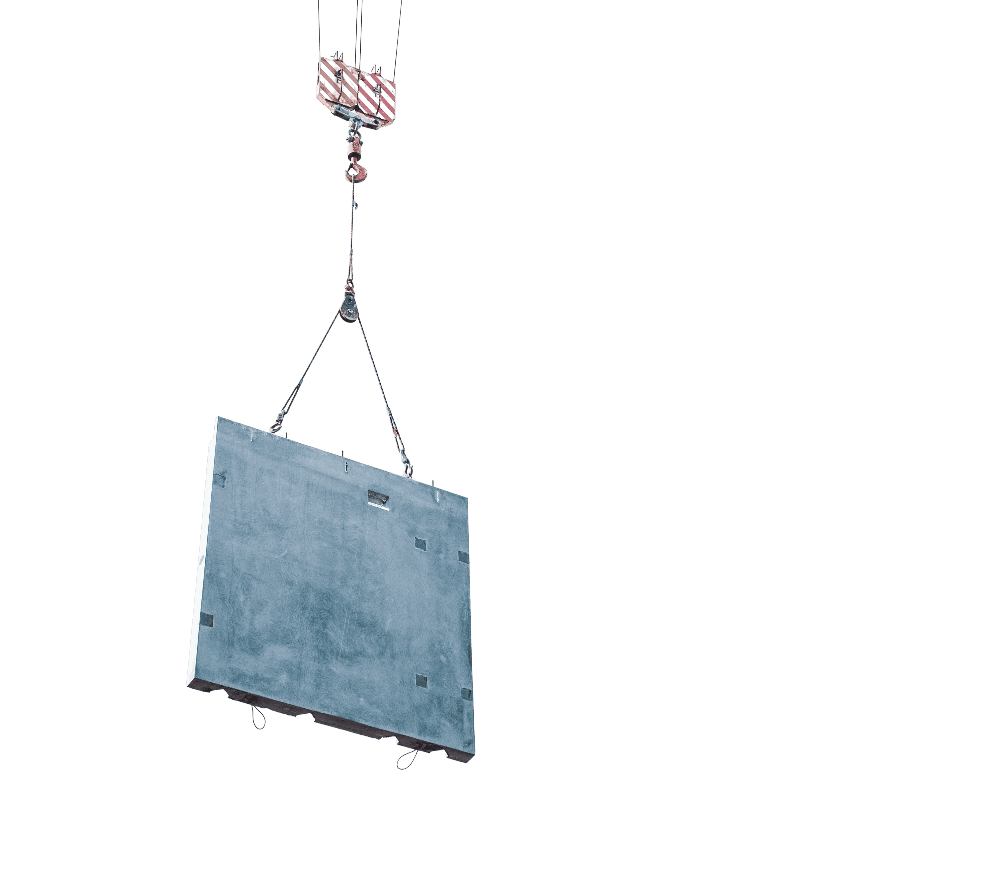 A large concrete panel is lifted by cables attached to a crane hook.