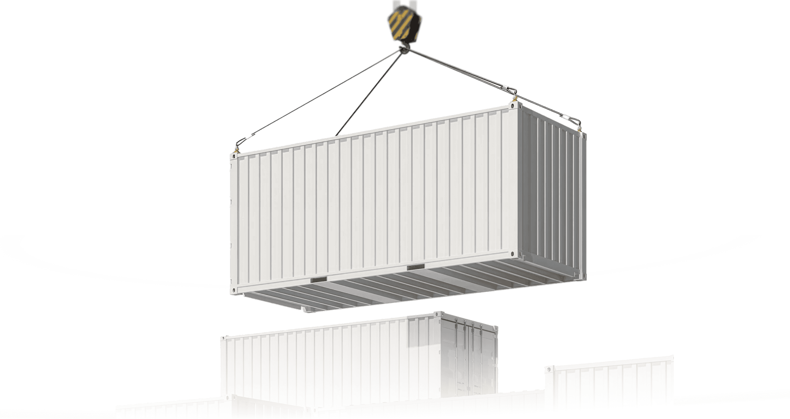 White shipping container lifted by crane hooks above stacked containers.