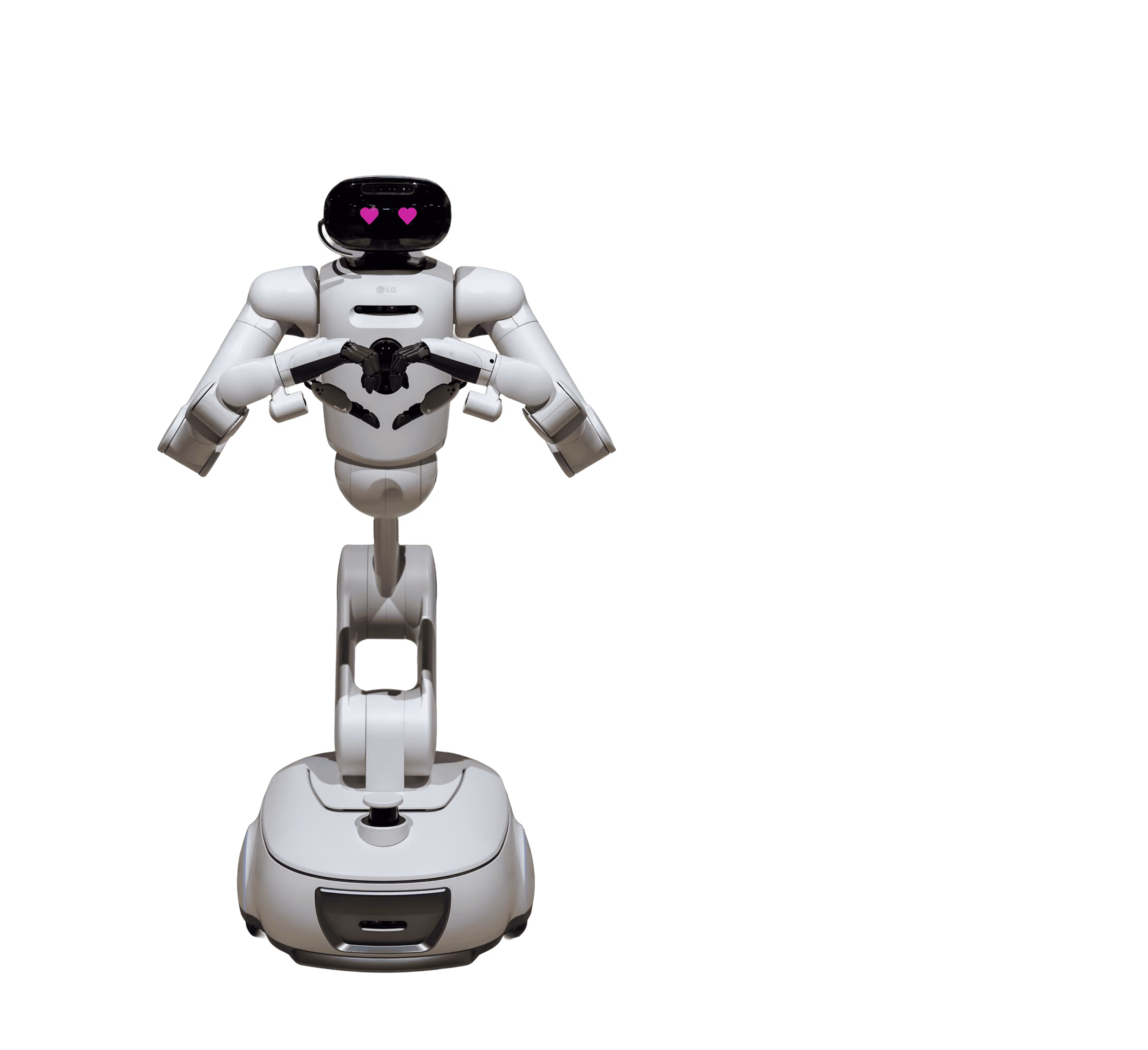 White robot with a black screen head showing pink heart eyes making a heart shape with its hands.