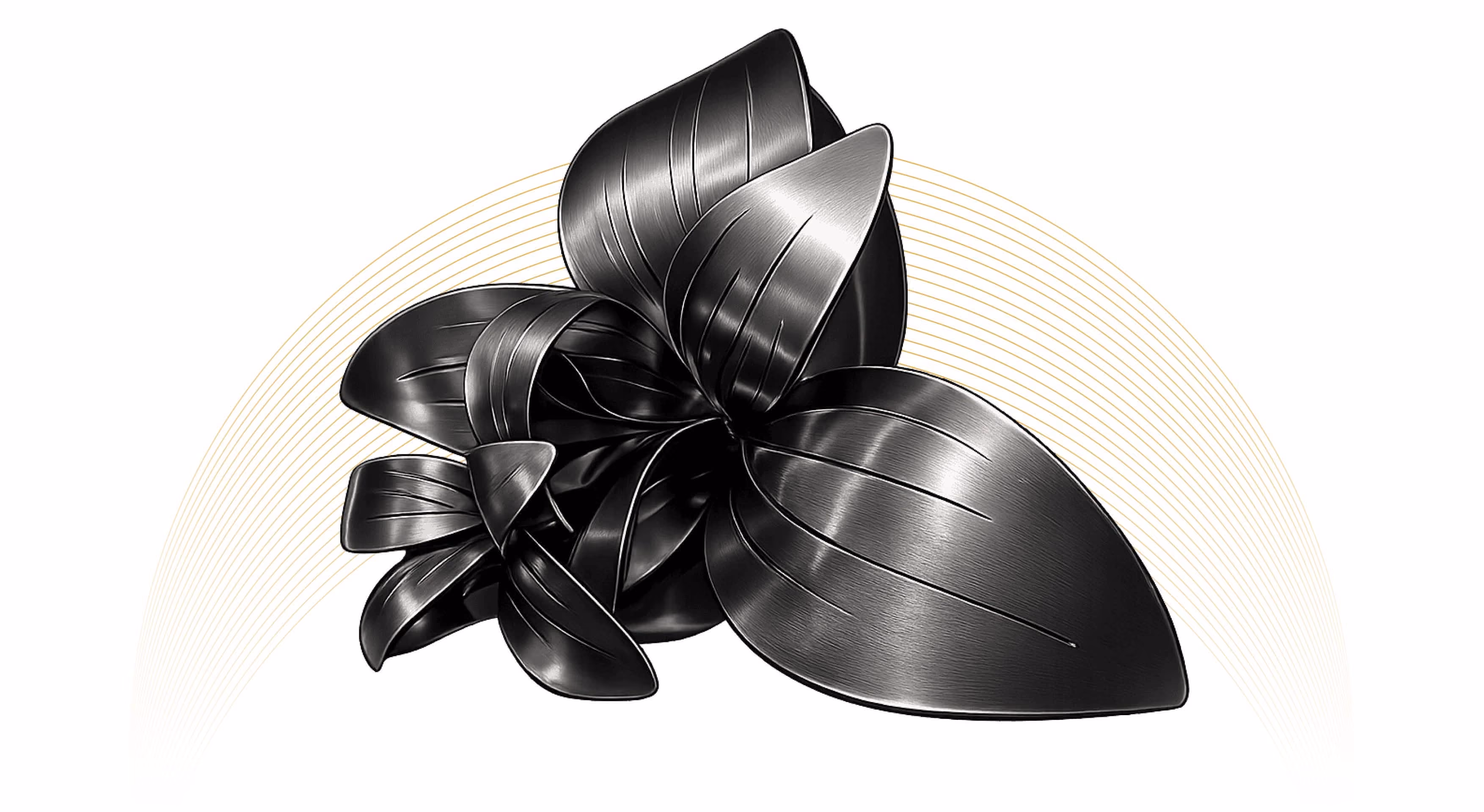 Three metallic black leaves with a brushed texture and golden arched lines in the background.