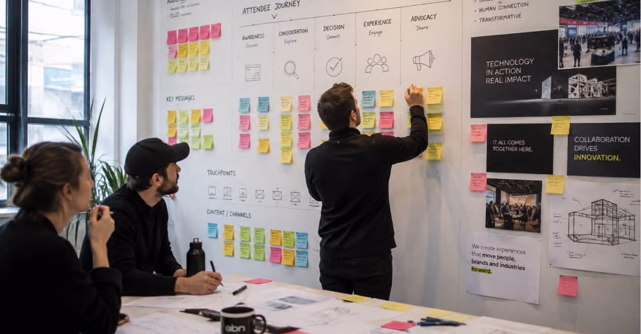 Three people in a meeting room with sticky notes on a whiteboard outlining attendee journey and key messages.