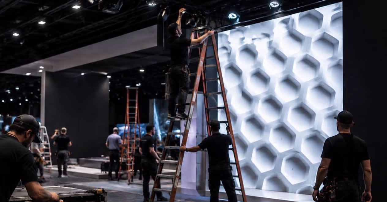 Crew setting up a large wall with hexagonal patterns at an event or exhibition site indoors.