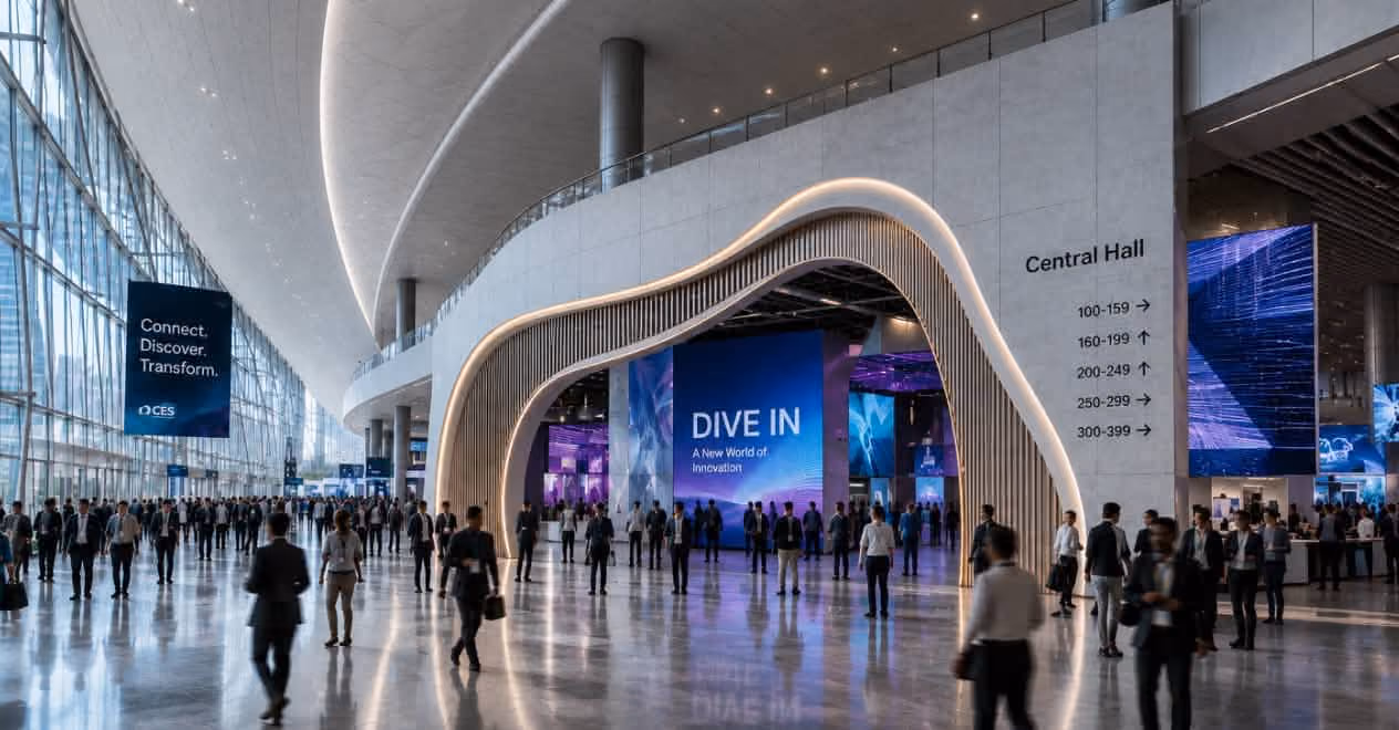 Large convention hall with curved entrance, people walking, and digital displays reading 'DIVE IN'.