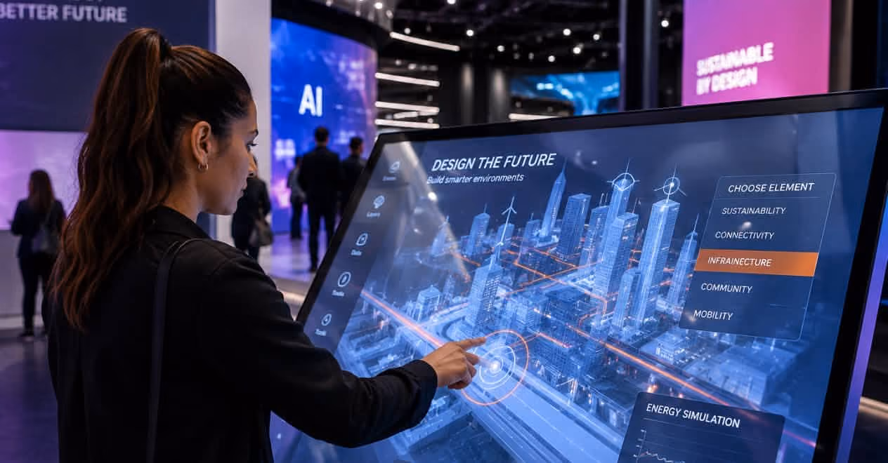Woman using interactive touchscreen to design a futuristic smart city with infrastructure options.