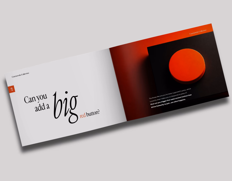Open book spread with text asking 'Can you add a big red button?' and an image of a large red button.