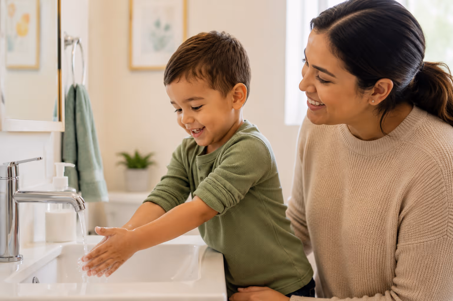Smiling woman helping young boy wash his hands at a bathroom sink.