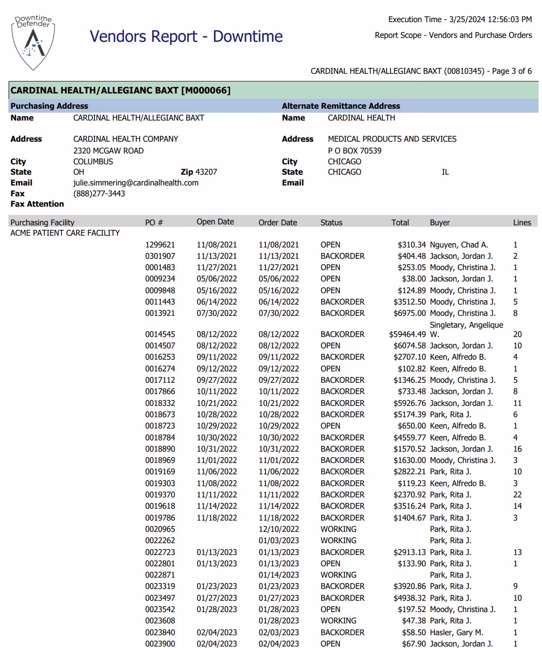 Downtime Defender materials management vendors report - supply chain data during MEDITECH downtime