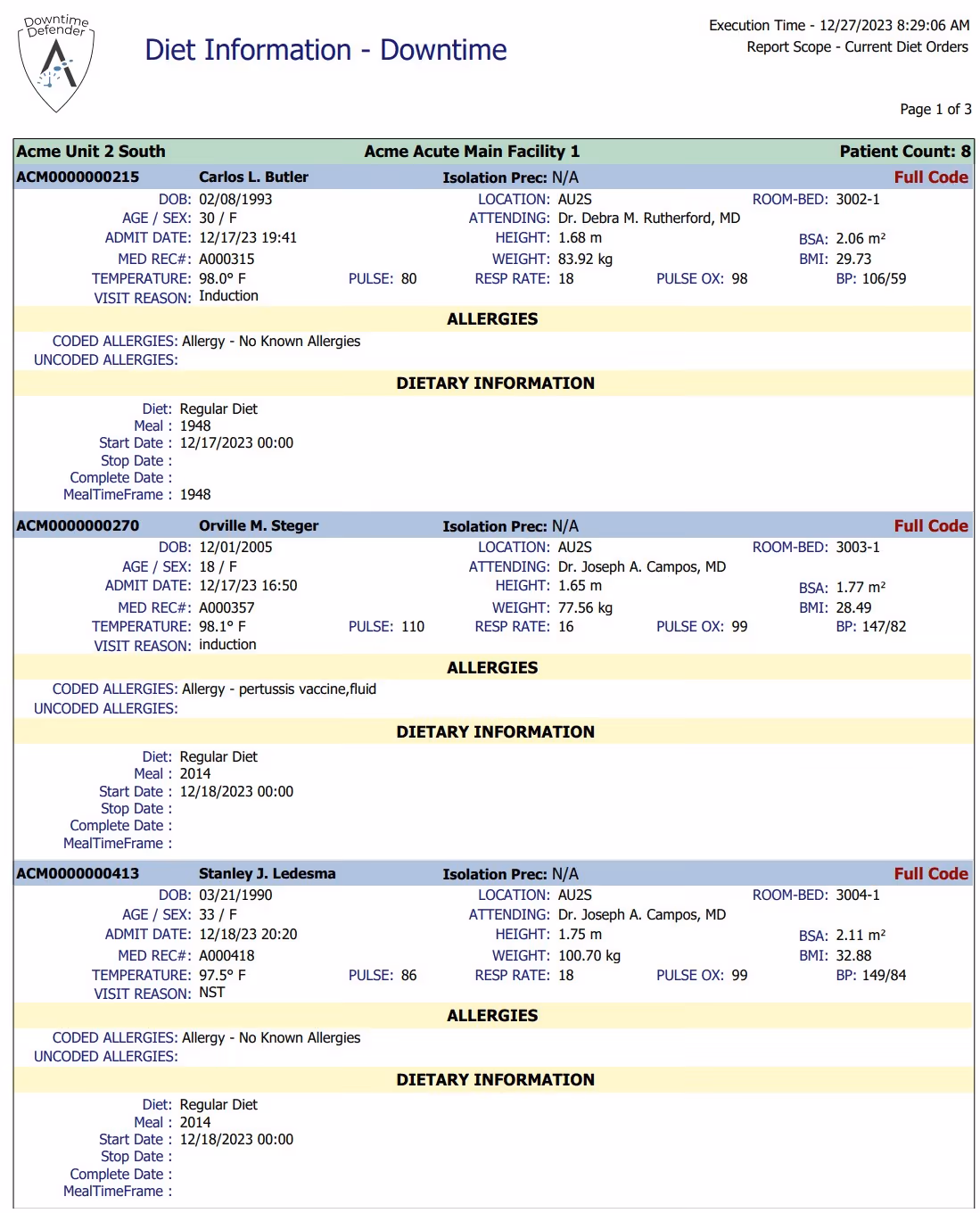 Downtime Defender diet report - patient dietary information during MEDITECH system outage