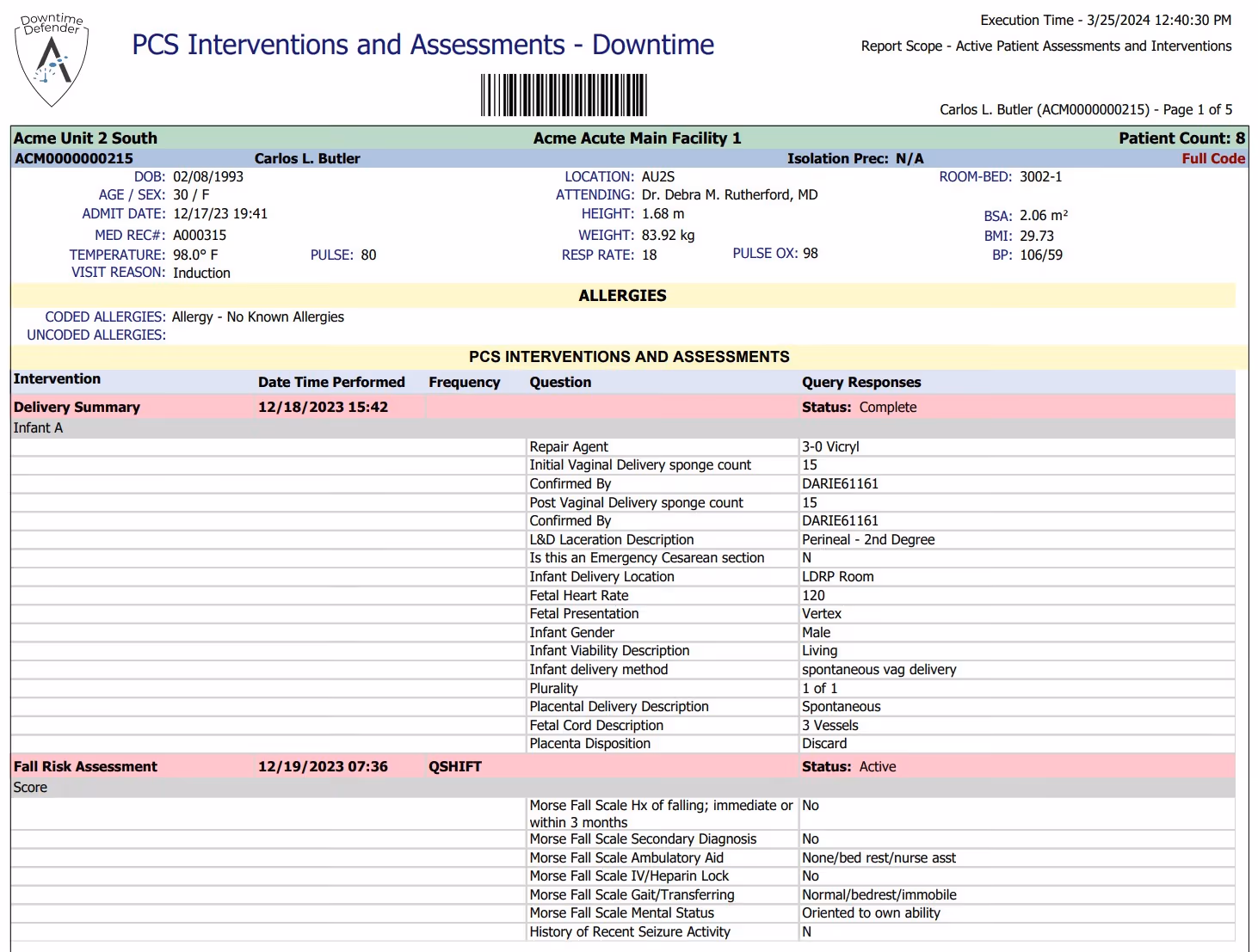 Downtime Defender PCS report - patient care summary accessible during EHR downtime event