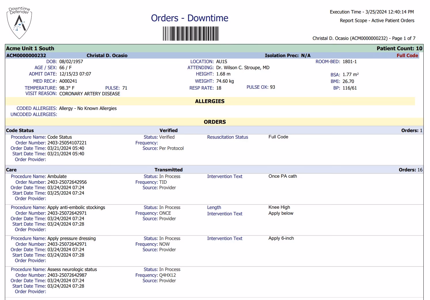 Downtime Defender orders report - active physician orders available during MEDITECH EHR downtime