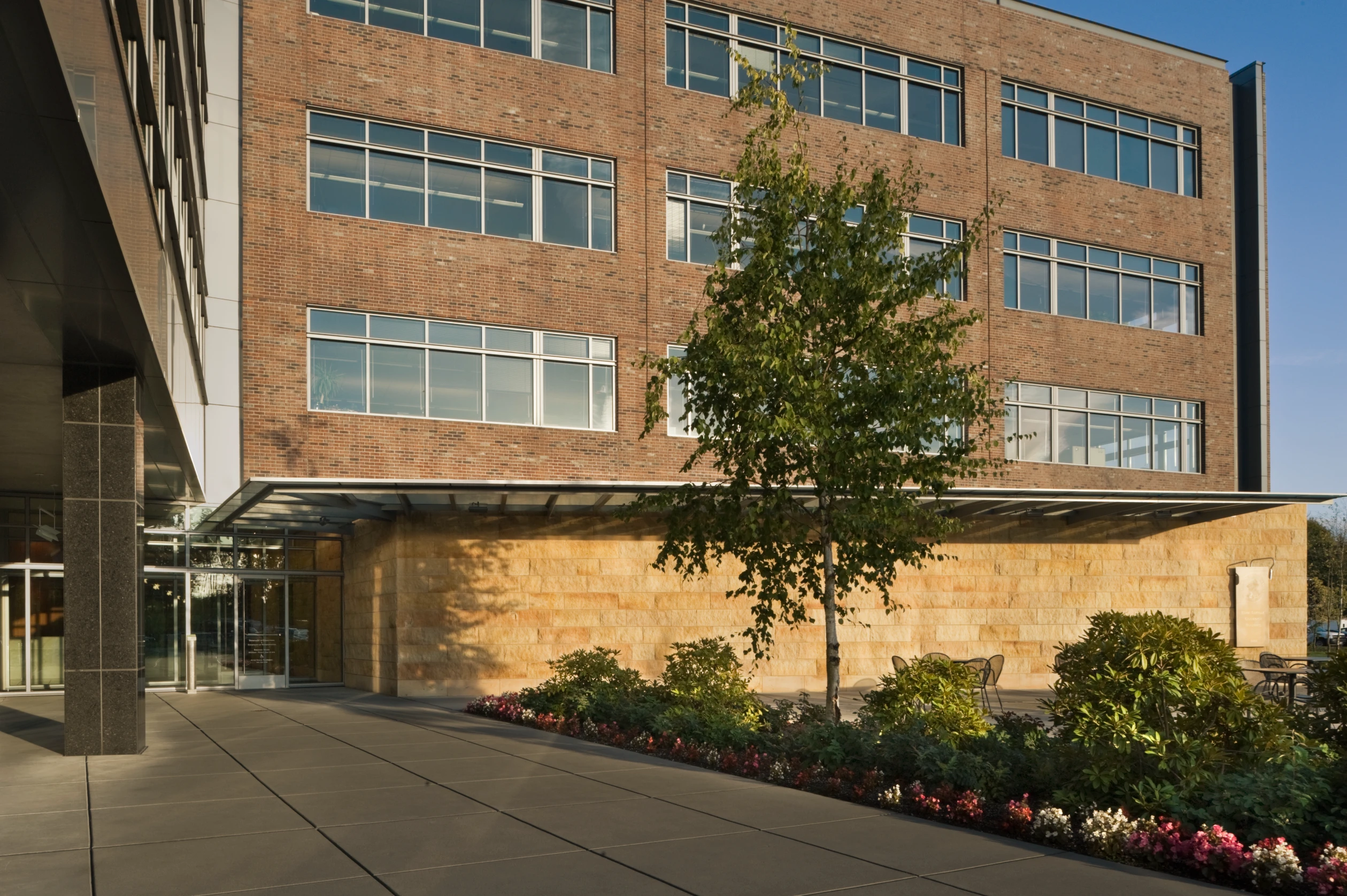 Modern hospital building entrance with glass facade