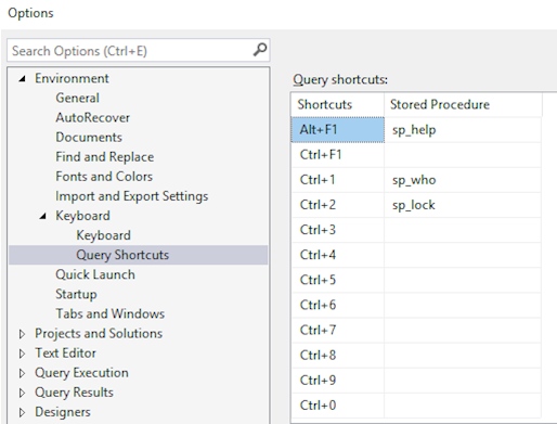 SSMS Query Shortcuts options menu
