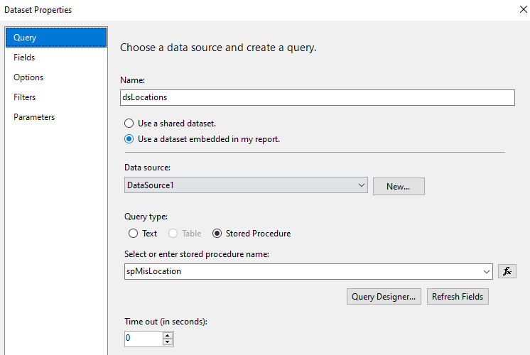 Visual Studio dataset properties for location list