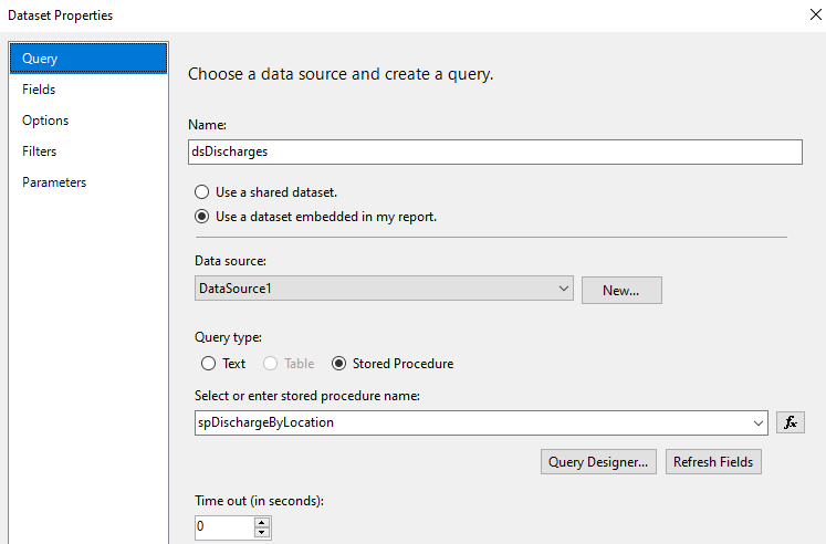 Dataset properties for discharge report