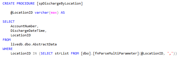 Stored procedure for discharge report with multi-value parameter