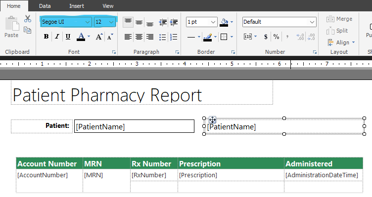 Report designer with barcode text box selected
