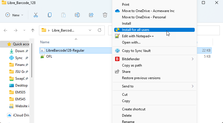 Right-click to install barcode font
