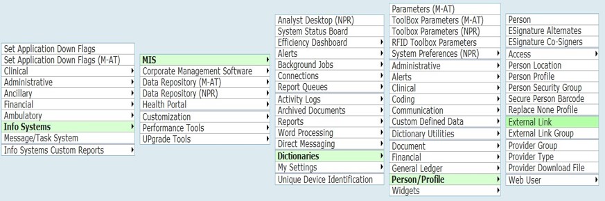 MEDITECH menu navigation for External Links