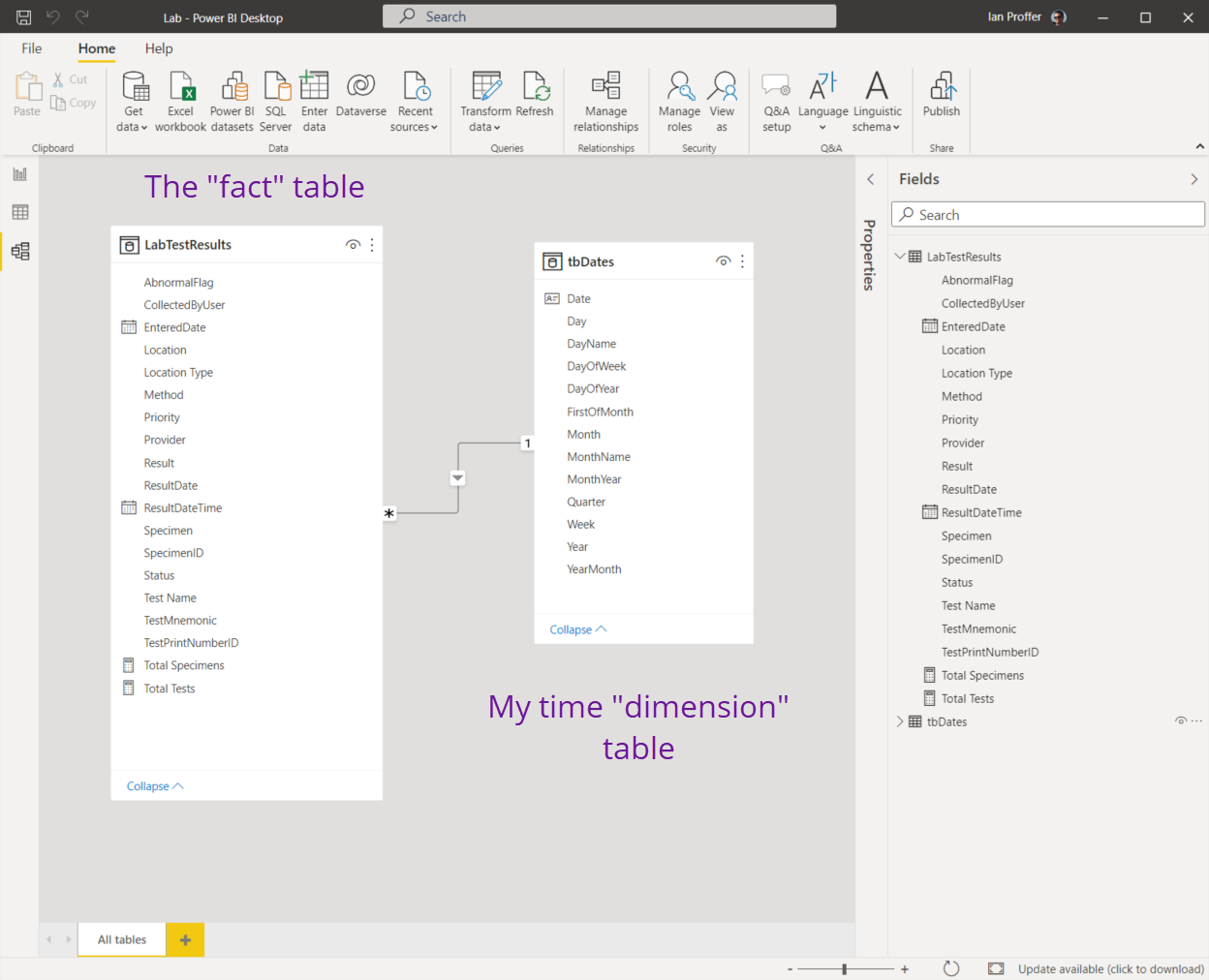 Power BI data model for lab report