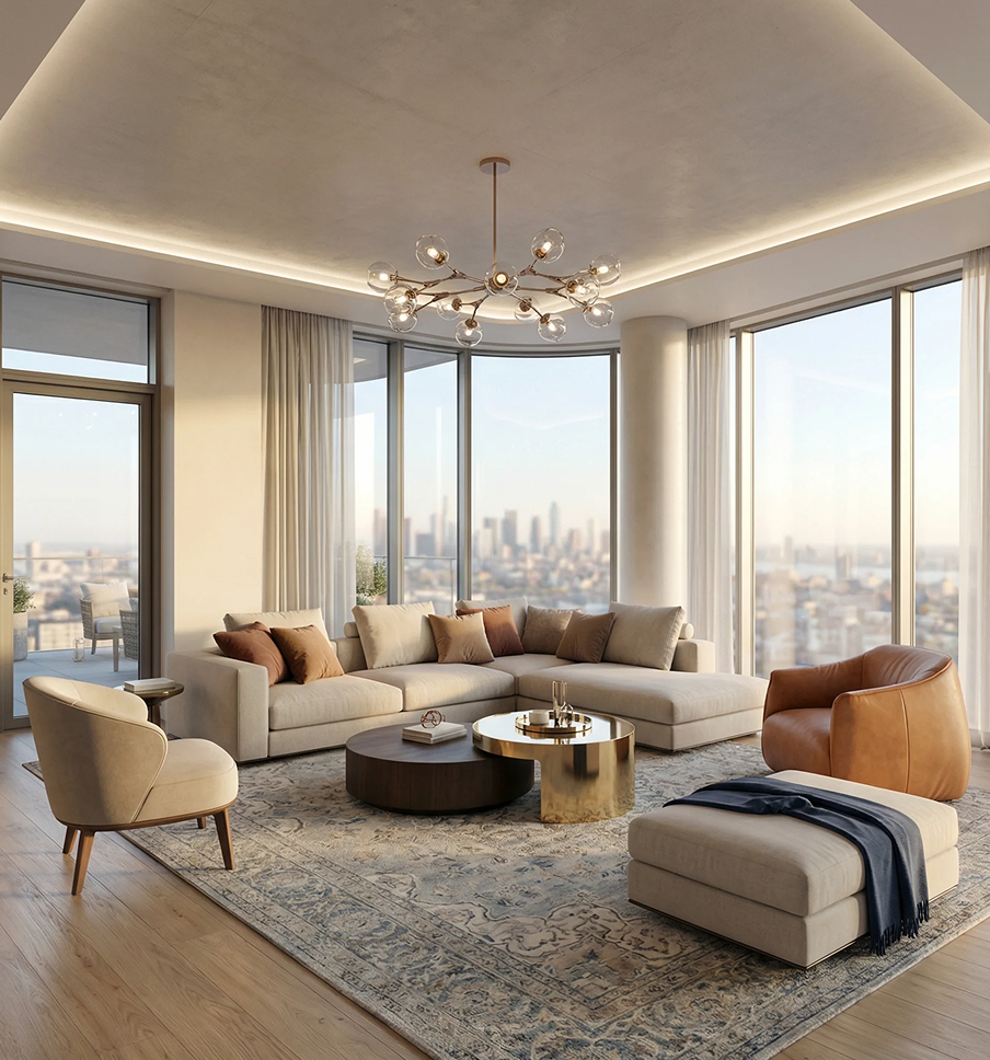 A living room filled with furniture and large windows.
