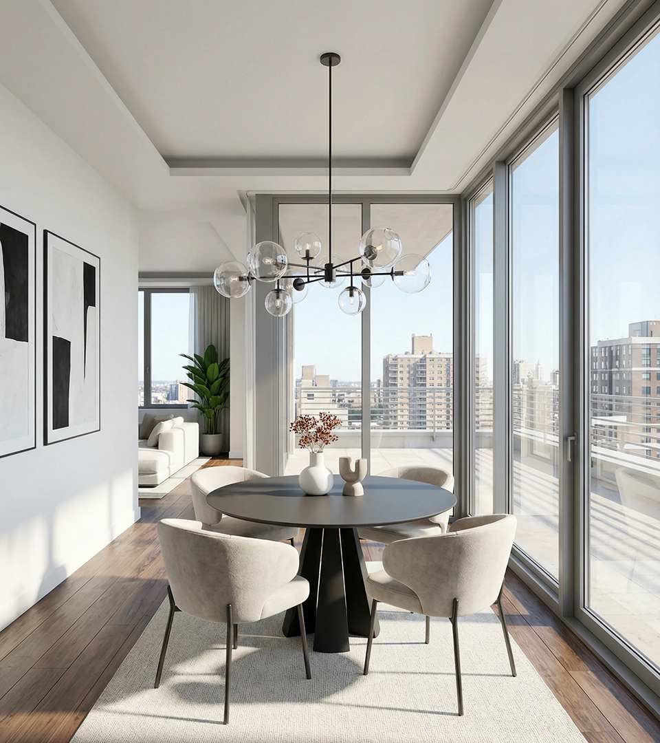 A dining room with a table and chairs.