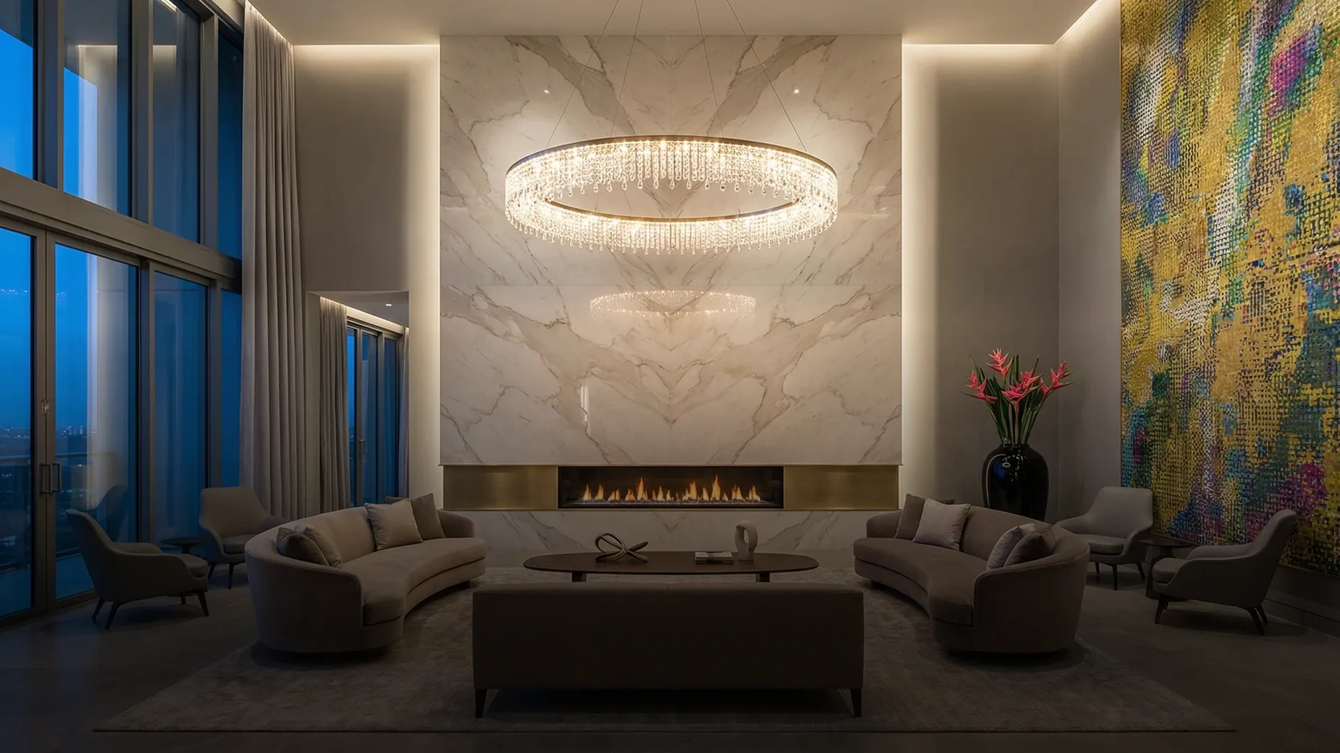A modern living room with a large painting on the wall.