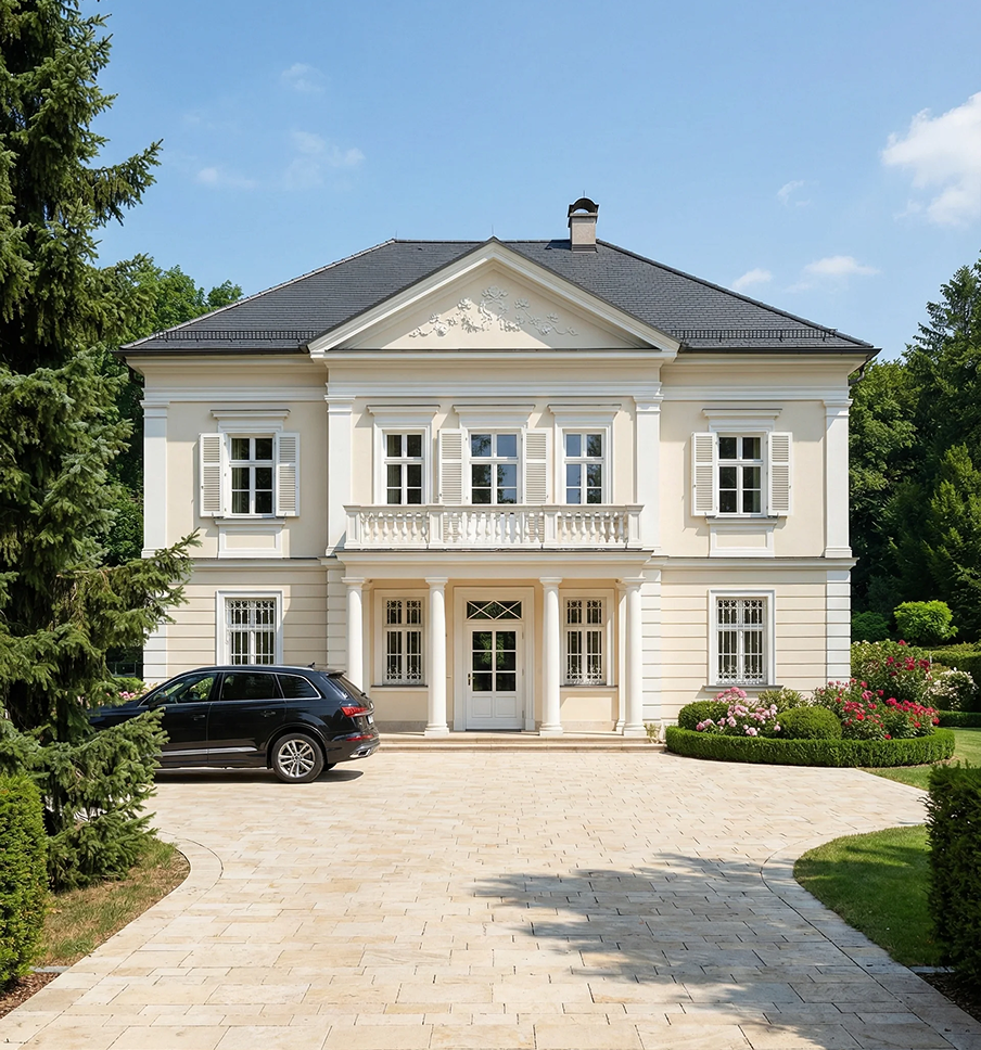 A black car parked in front of a large white house.