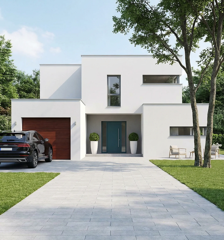 A black car parked in front of a white house.