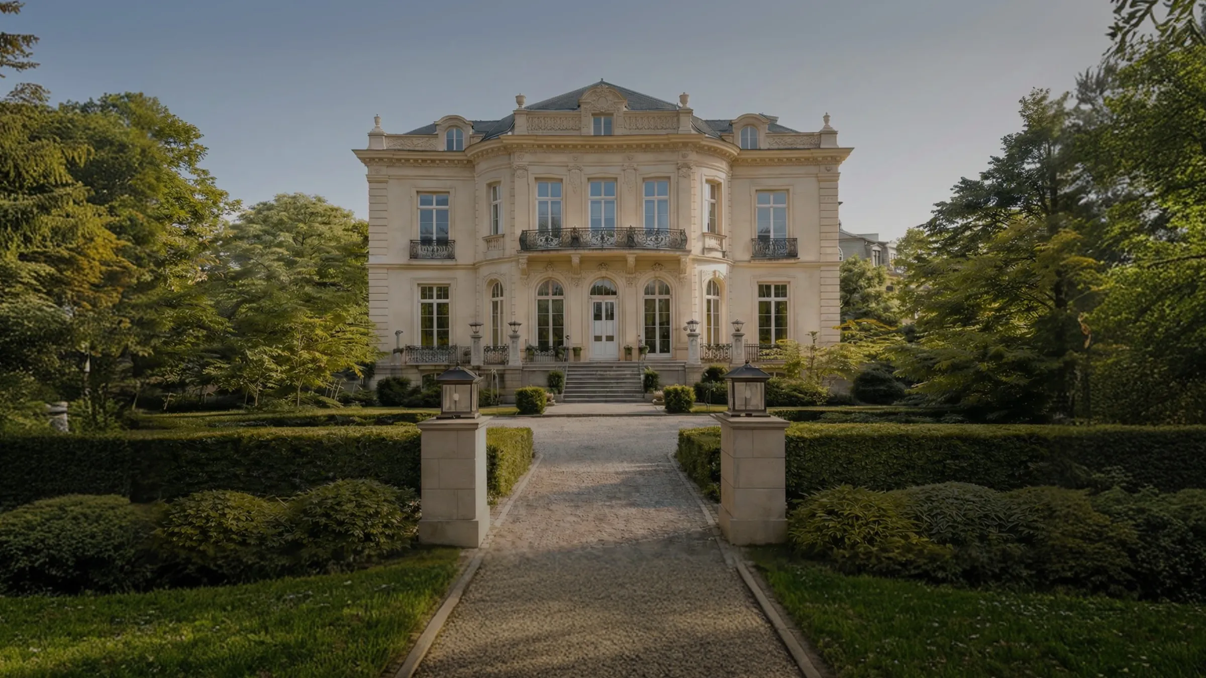 A large house with a lot of trees and bushes in front of it.