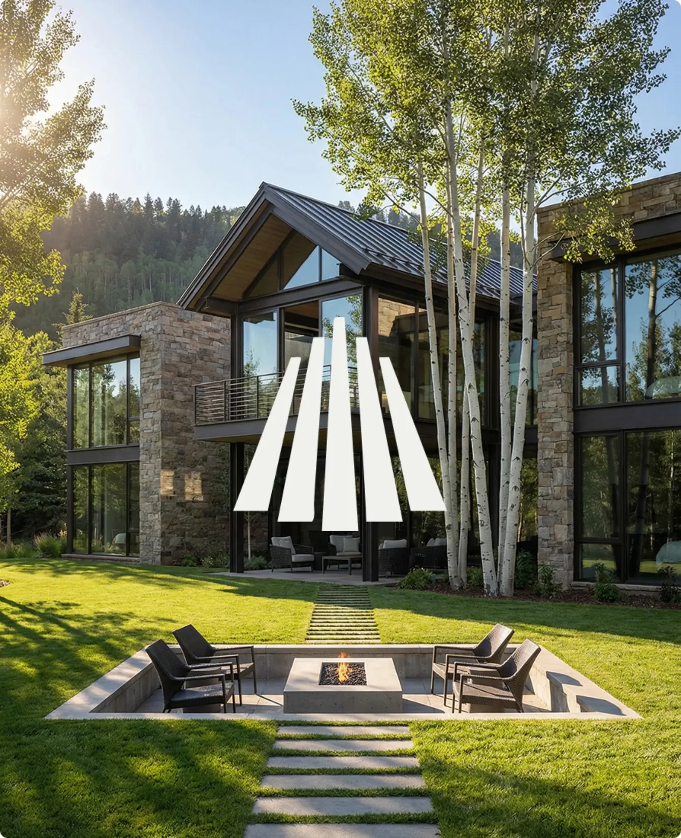A house with a large lawn and a fire pit in front of it.