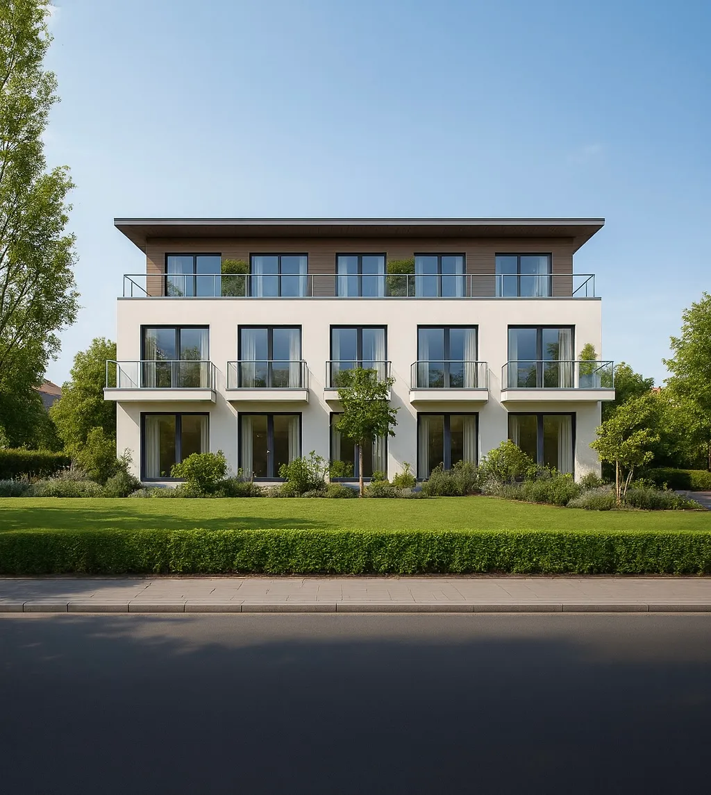 A two story house with balconies and balconies on the second floor.