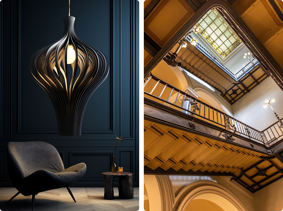 A chair and a lamp in a room.