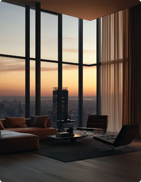 Wohnzimmer mit hohen Fenstern in einer verkauften Eigentumswohnung