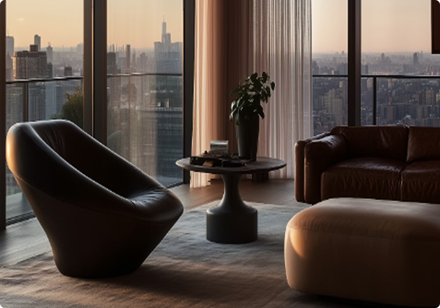 A living room filled with furniture and a large window.