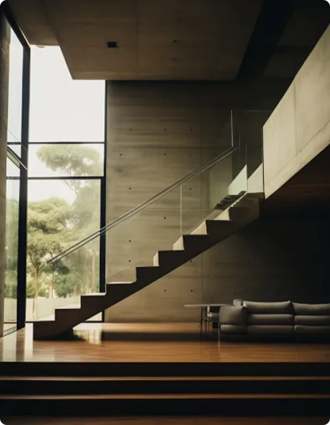 Wohnbereich mit Sofa und offener Treppe in einem vermittelten Objekt