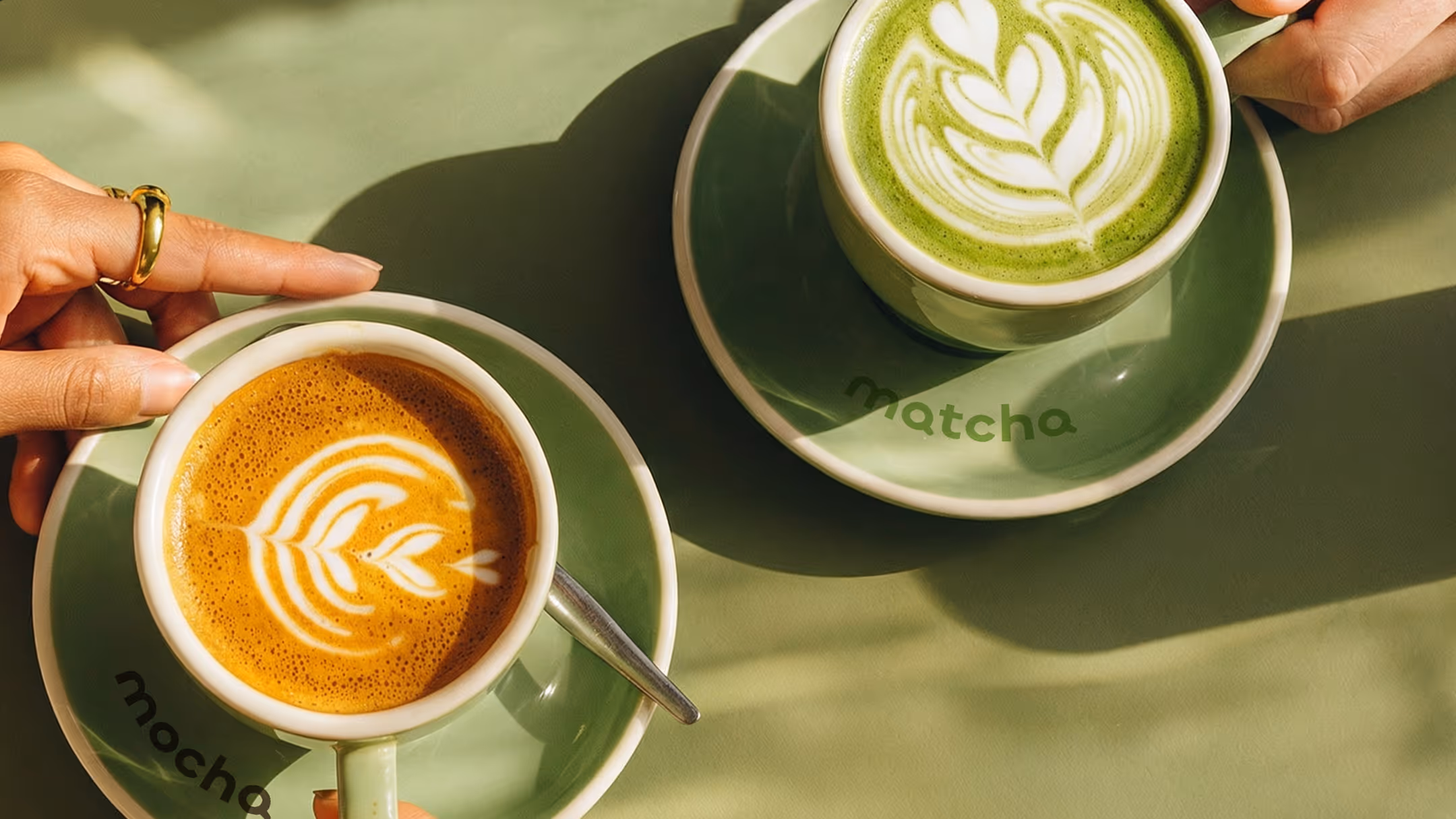 An image of a latte and a matcha latte  with Mocha Matcha brand