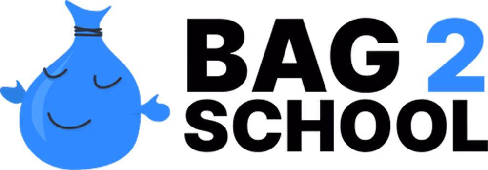 Logo of Bag 2 School featuring a smiling blue water droplet cartoon character with closed eyes and outstretched arms next to black text ending with a blue number 2.