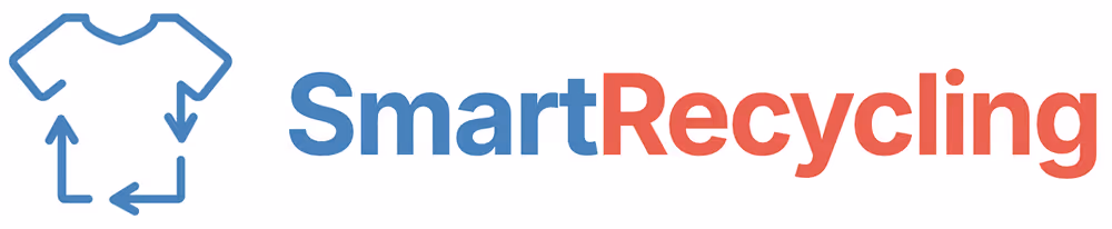 Logo of Smart Recycling. Blue outline of a t-shirt made with recycling arrows next to the text SmartRecycling in blue and red.