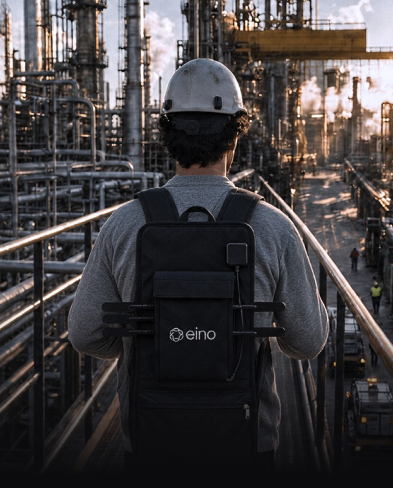 Field engineer wearing the eino Site Survey walk test backpack at an industrial site