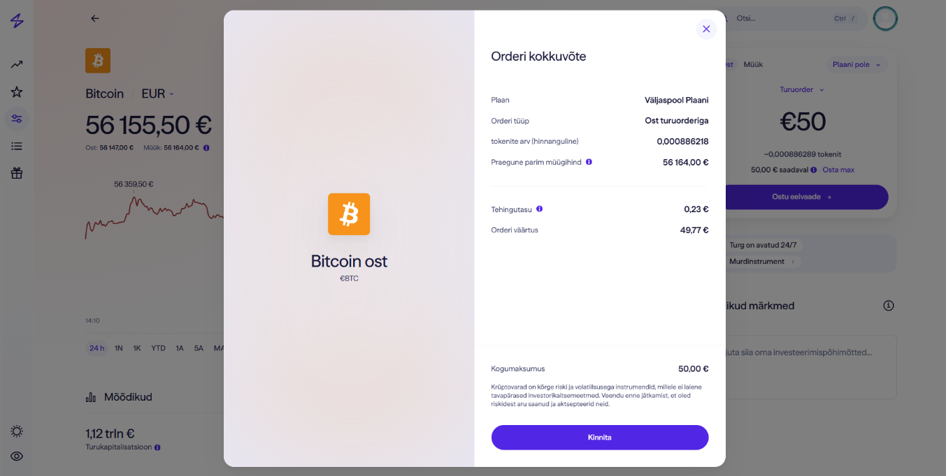 Bitcoini ostu eelvaade koos 0,45% tehingutasuga Lightyearis