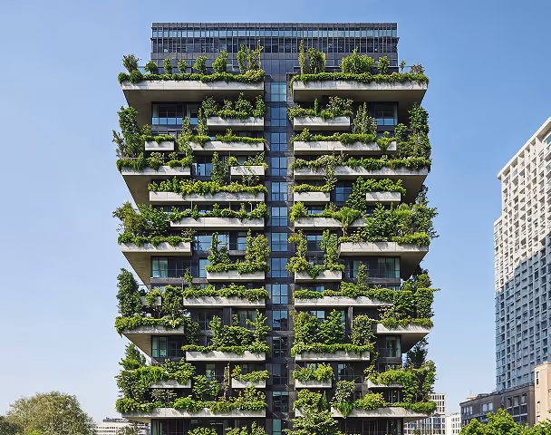 Edificio moderno con balcones cubiertos de plantas verdes bajo un cielo azul despejado.