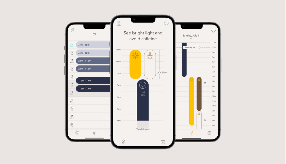 Three smartphones displaying a sleep and daily activity tracking app with schedules, caffeine and light exposure reminders.