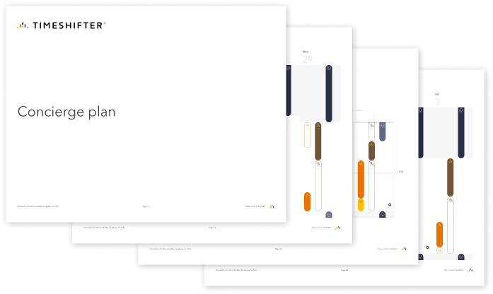 A multi-page travel itinerary titled 'Concierge plan' from Timeshifter with daily schedules and time adjustment bars.
